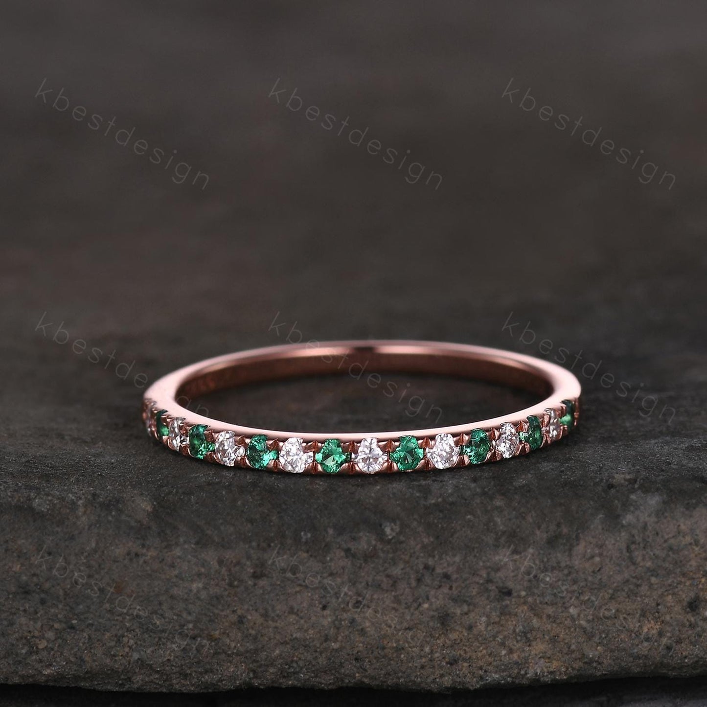 Half Eternity Emerald Wedding Band 1.5mm Emerald Moissanite Wedding Band Rose Gold Matching Ring Pave Stacking Band Anniversary Gift for Her