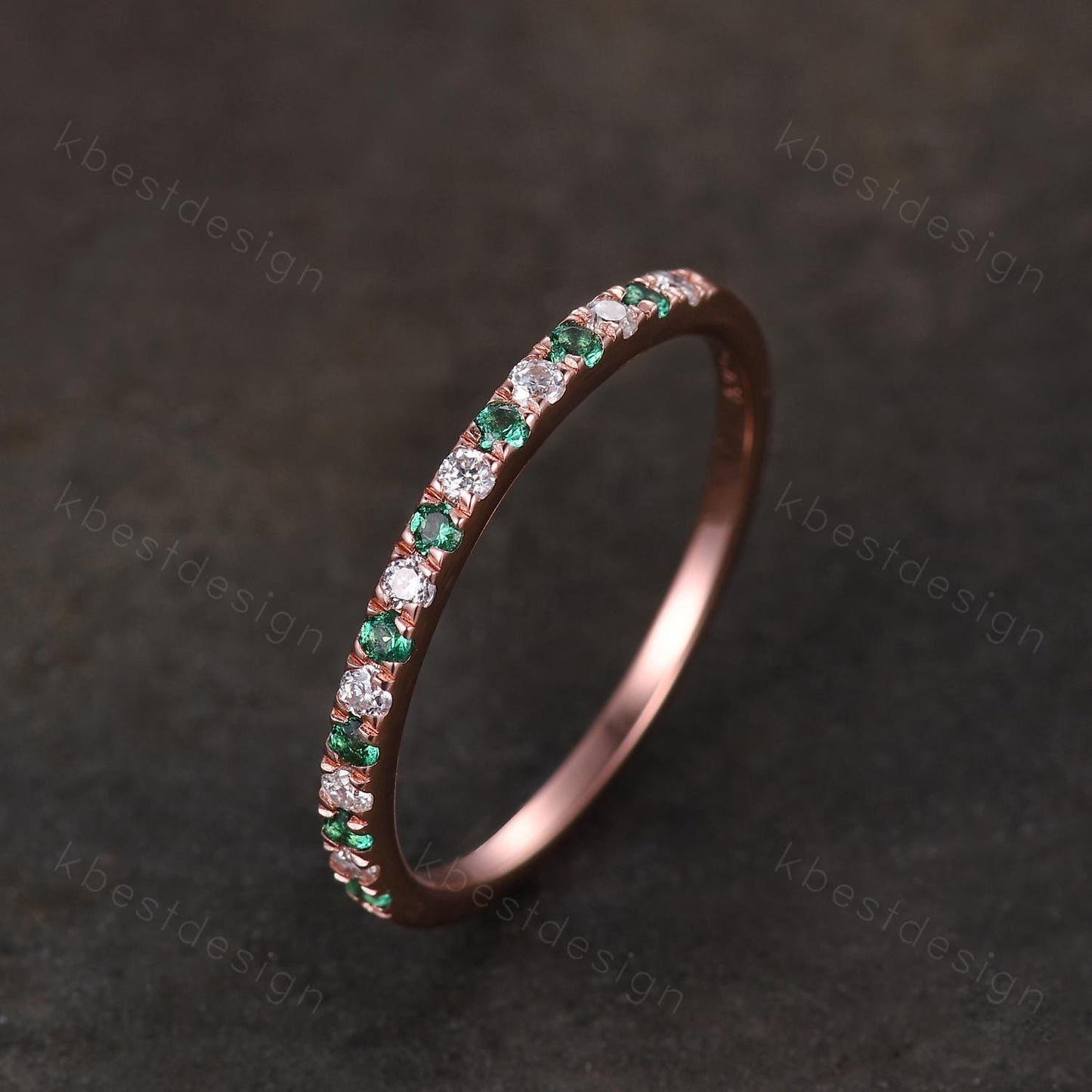 Half Eternity Emerald Wedding Band 1.5mm Emerald Moissanite Wedding Band Rose Gold Matching Ring Pave Stacking Band Anniversary Gift for Her