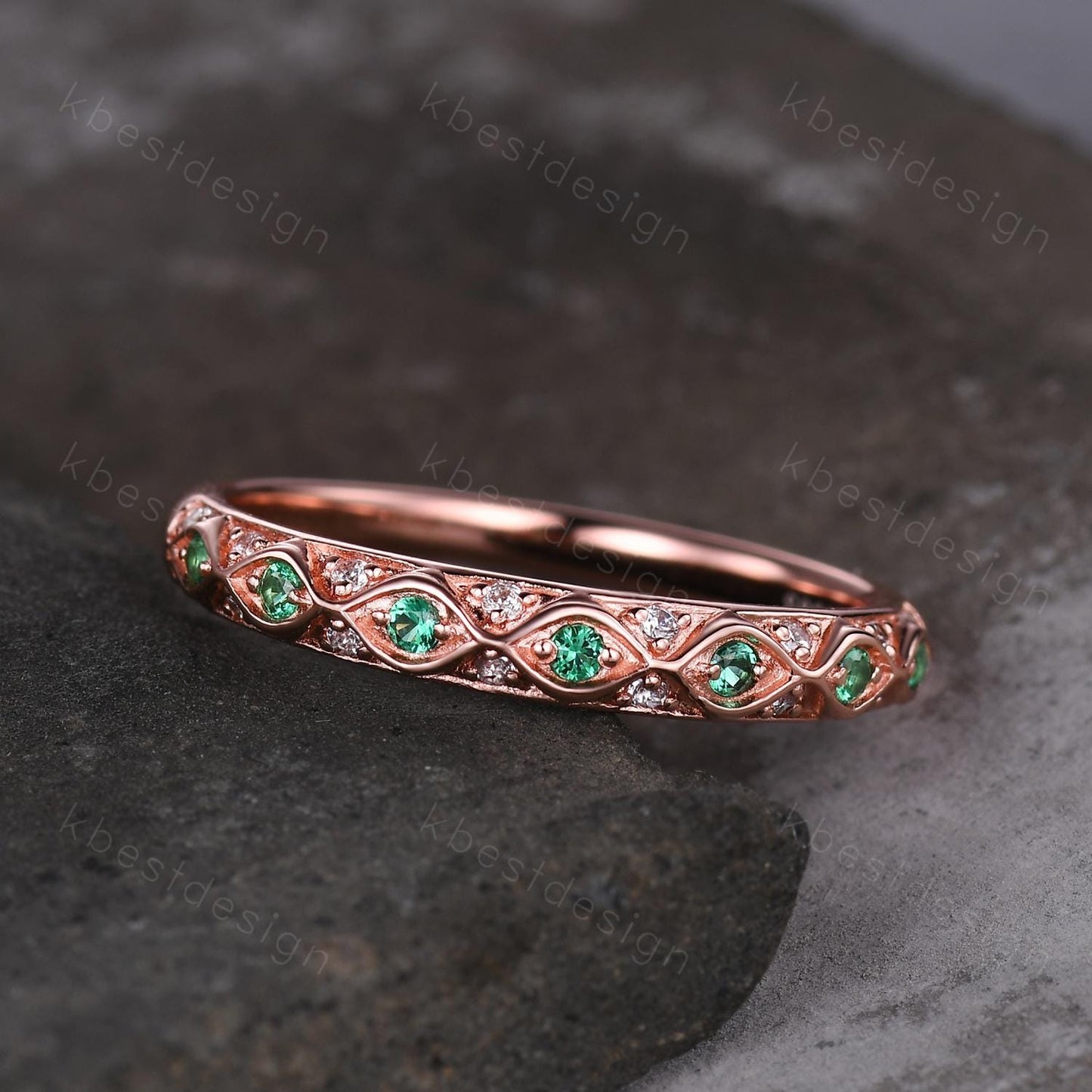 Antique Emerald Wedding Band Rose Gold Ring Women Vintage Wedding Ring May Birthstone Stacking Ring Anniversary Gift for Her Handmade