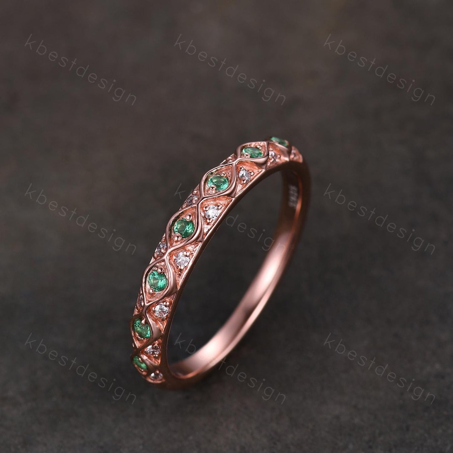 Antique Emerald Wedding Band Rose Gold Ring Women Vintage Wedding Ring May Birthstone Stacking Ring Anniversary Gift for Her Handmade