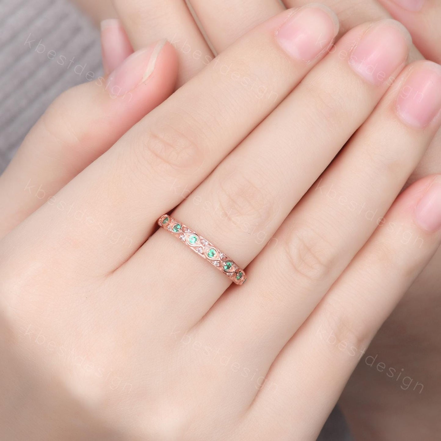 Antique Emerald Wedding Band Rose Gold Ring Women Vintage Wedding Ring May Birthstone Stacking Ring Anniversary Gift for Her Handmade