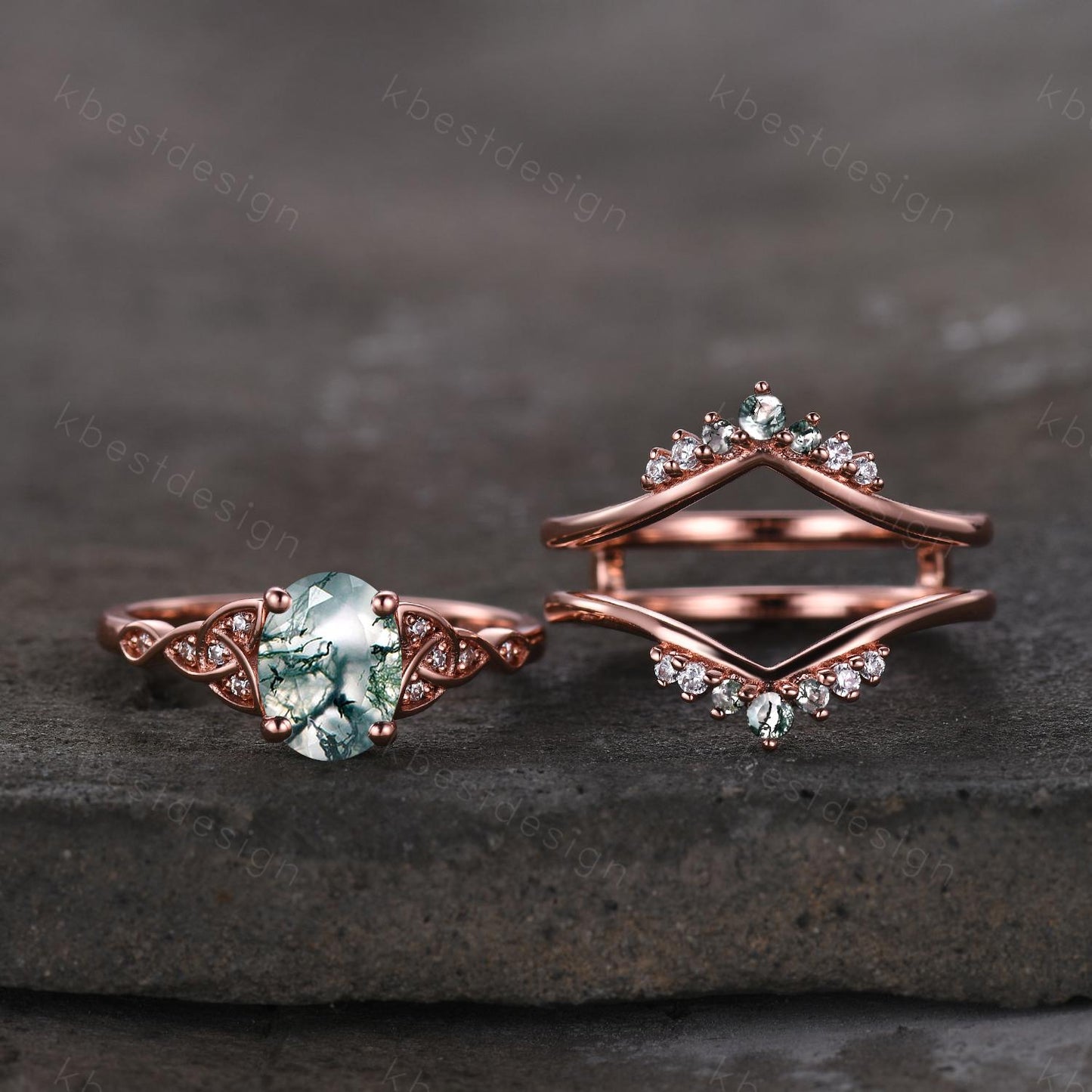 Vintage moss agate engagement ring set rose gold double curved stacking wedding band unique celtic knot green agate ring oval cut bridal set
