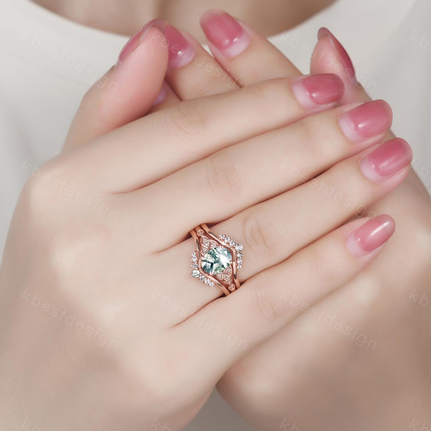 Vintage moss agate engagement ring set rose gold double curved stacking wedding band unique celtic knot green agate ring oval cut bridal set