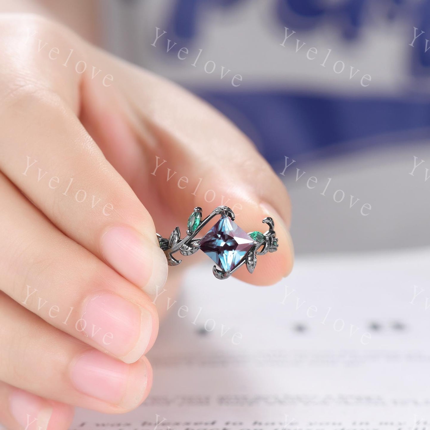 Vintage Princess Alexandrite Engagement Ring Set,Black Gold,Leaf Amethyst Emerald Ring,Women Bridal Set,Unique Anniversary Gift Promise Ring