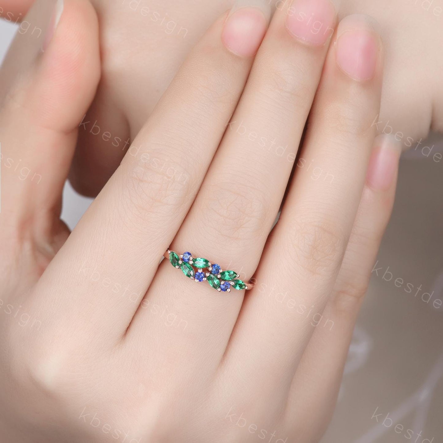 Emerald sapphire cluster wedding band Unique marquise cut emerald wedding band Vintage Moissanite ring Rose gold ring Anniversary gift