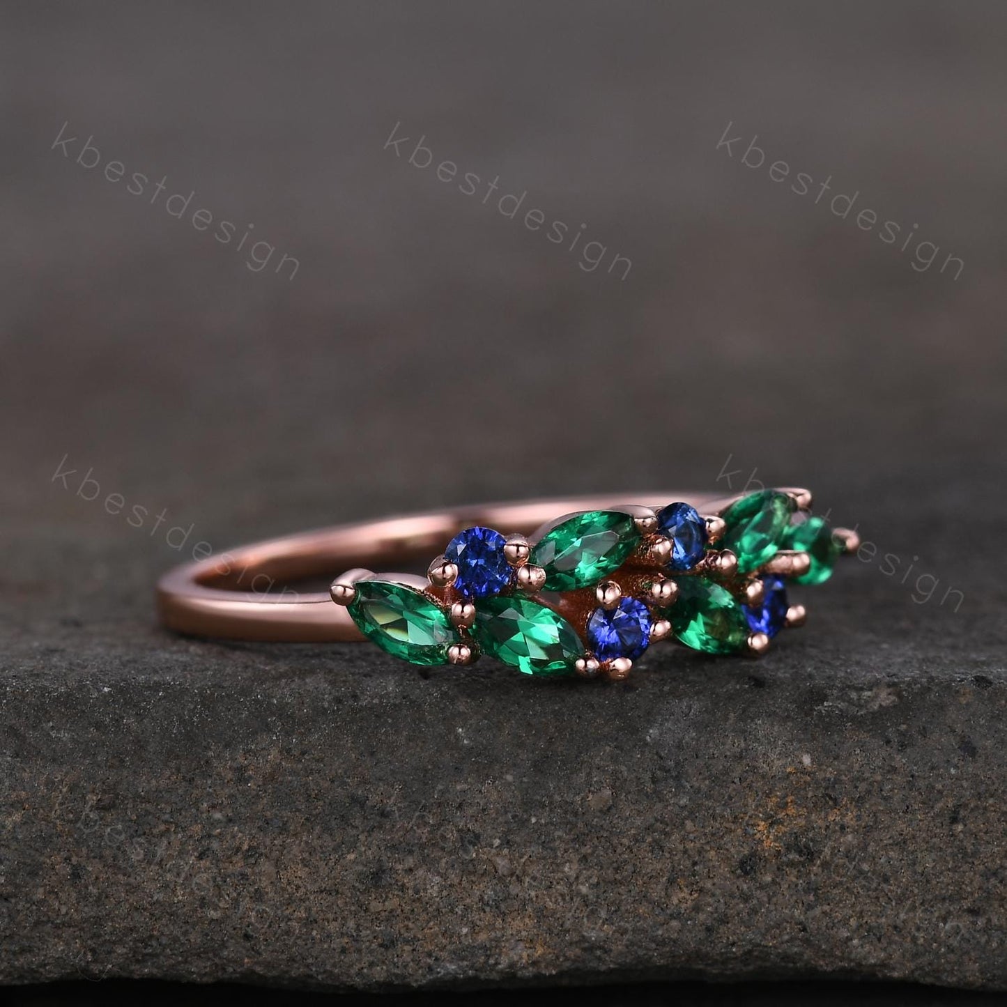 Emerald sapphire cluster wedding band Unique marquise cut emerald wedding band Vintage Moissanite ring Rose gold ring Anniversary gift