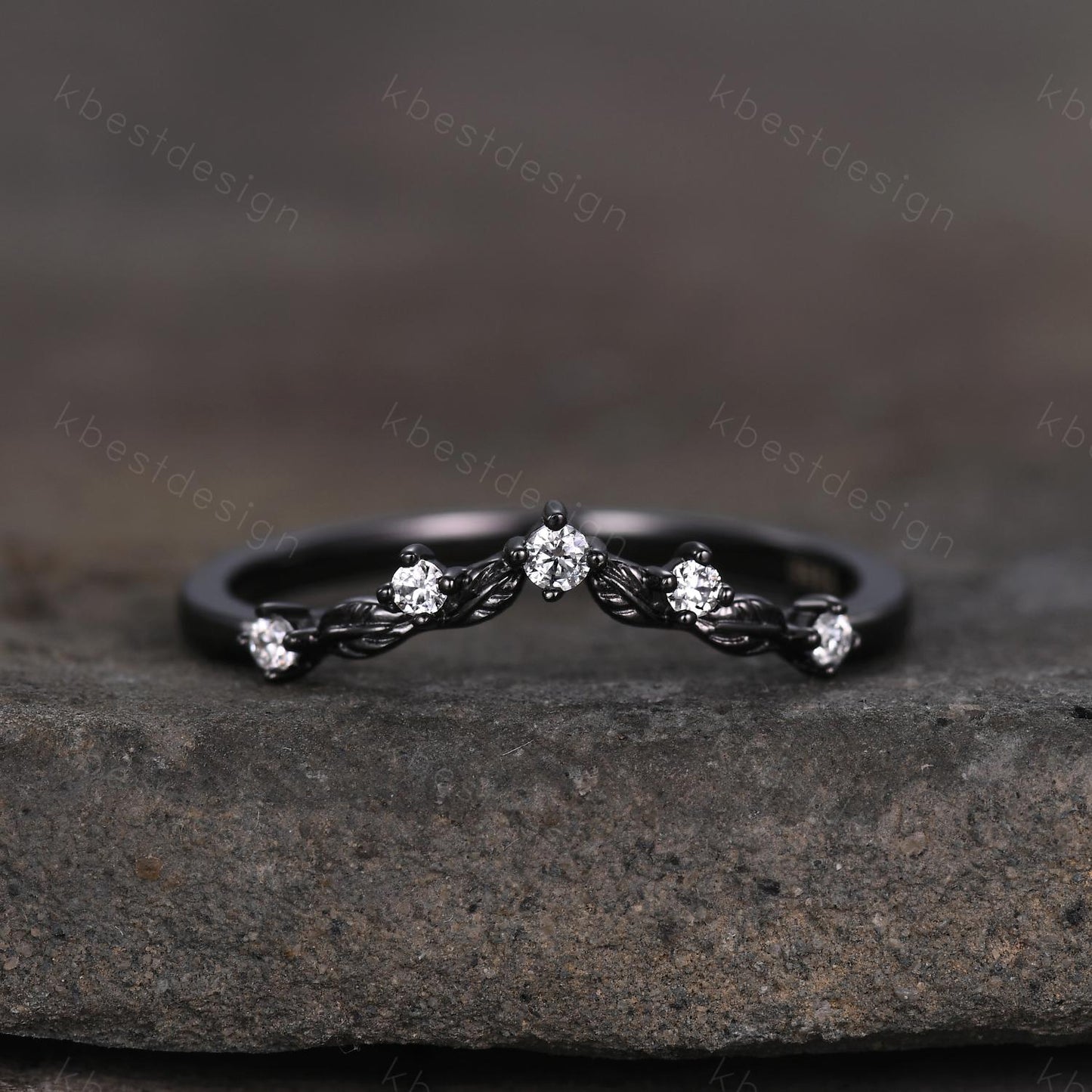 Unique Curved Moissanite Wedding Band Women Black Gold Ring Nature Leaf Style Stacking Matching Band Bridal Anniversary Ring