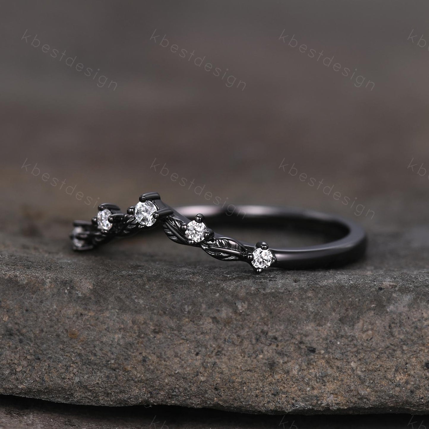 Unique Curved Moissanite Wedding Band Women Black Gold Ring Nature Leaf Style Stacking Matching Band Bridal Anniversary Ring