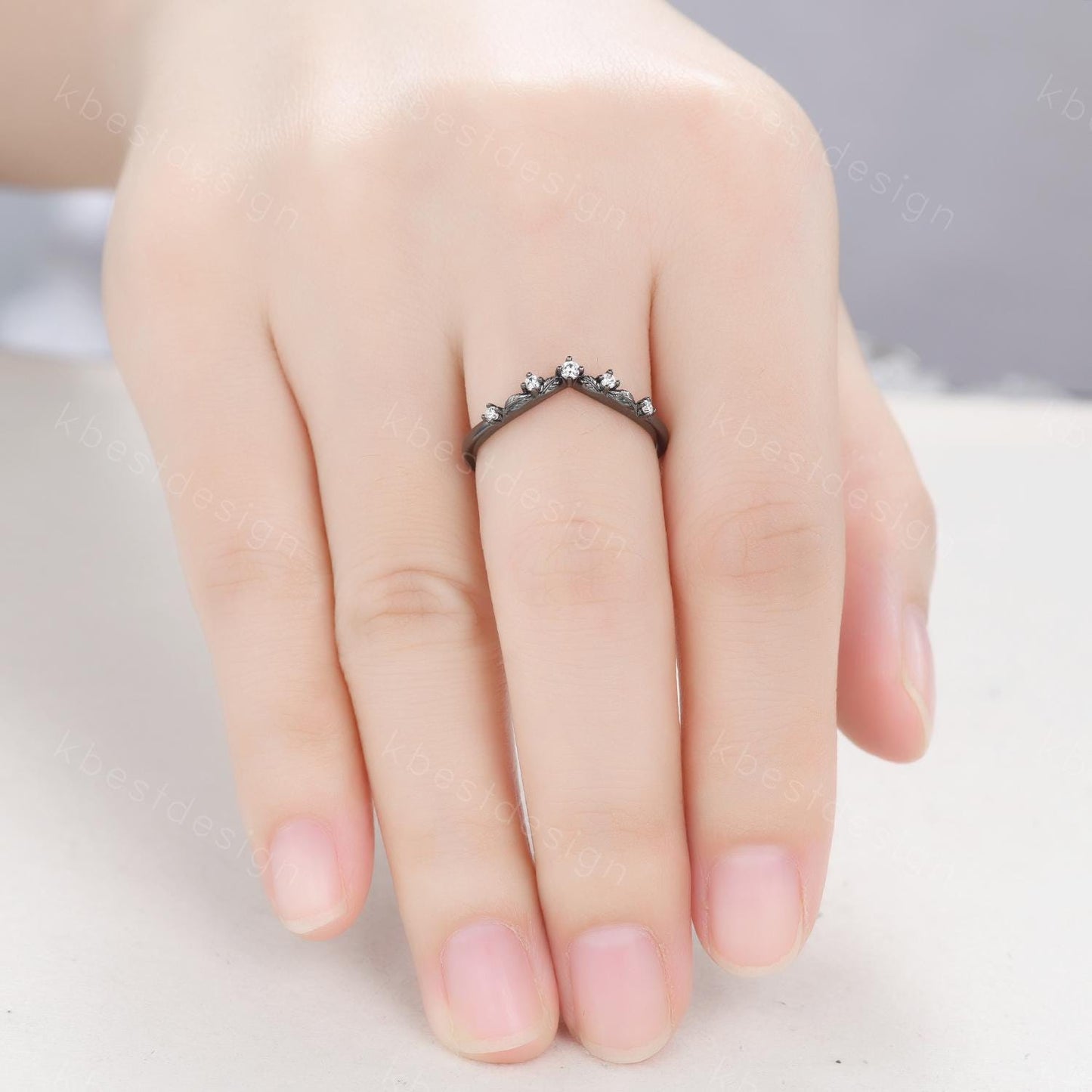 Unique Curved Moissanite Wedding Band Women Black Gold Ring Nature Leaf Style Stacking Matching Band Bridal Anniversary Ring