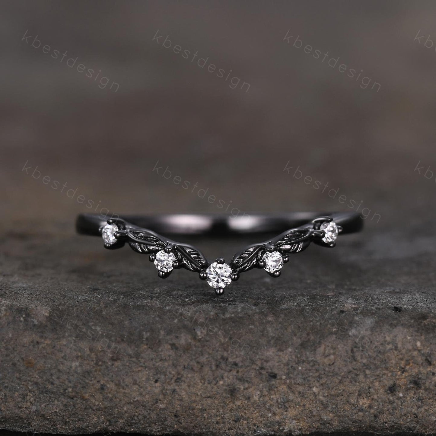 Unique Curved Moissanite Wedding Band Women Black Gold Ring Nature Leaf Style Stacking Matching Band Bridal Anniversary Ring