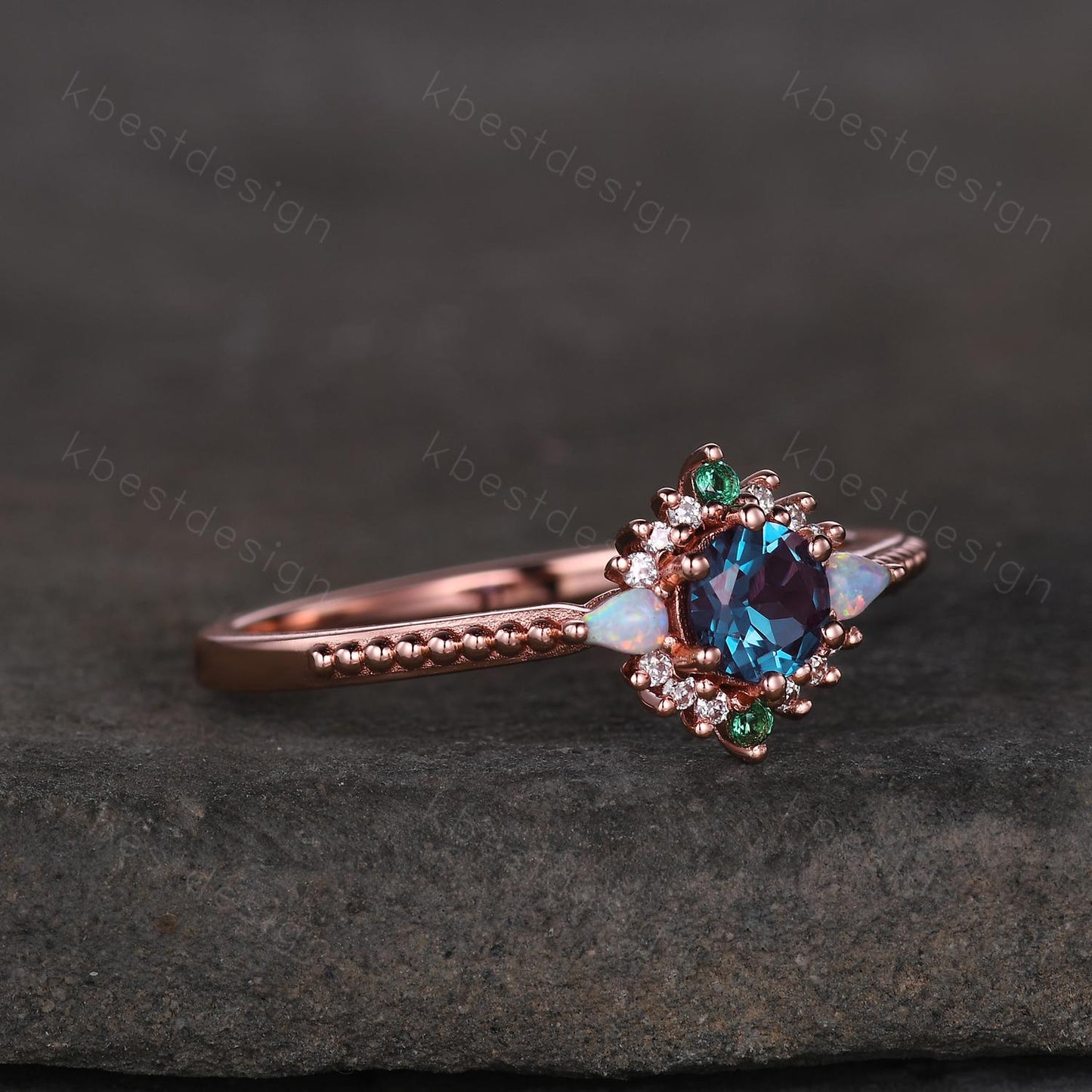 Vintage round cut Alexandrite engagement ring rose gold ring unique opal emerald ring for women June Birthstone ring promise ring gift