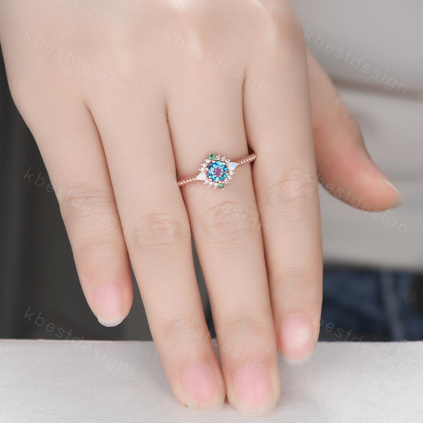 Vintage round cut Alexandrite engagement ring rose gold ring unique opal emerald ring for women June Birthstone ring promise ring gift