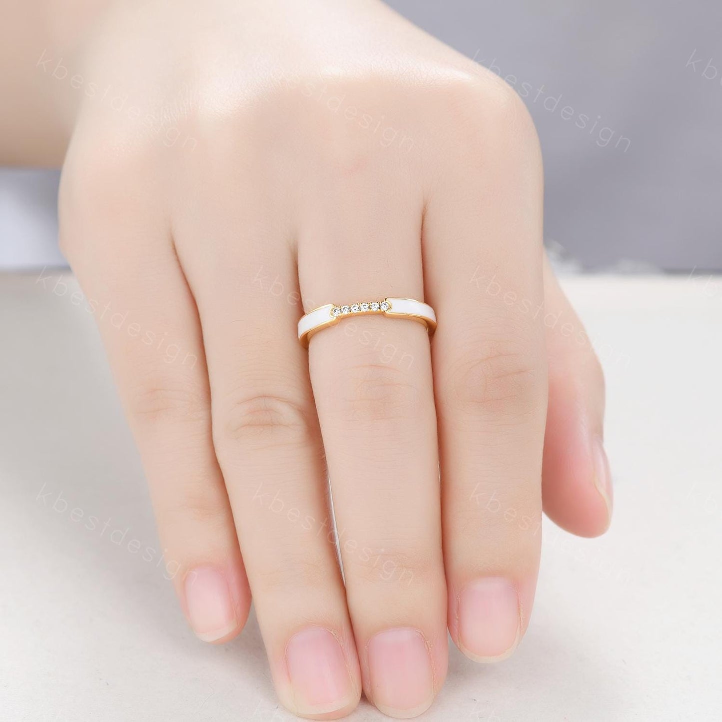 Unique White Enamel Wedding Band Solid 14k Yellow Gold Rings Moissanite Wedding Band Half Eternity Band Vintage Bridal Anniversary Ring