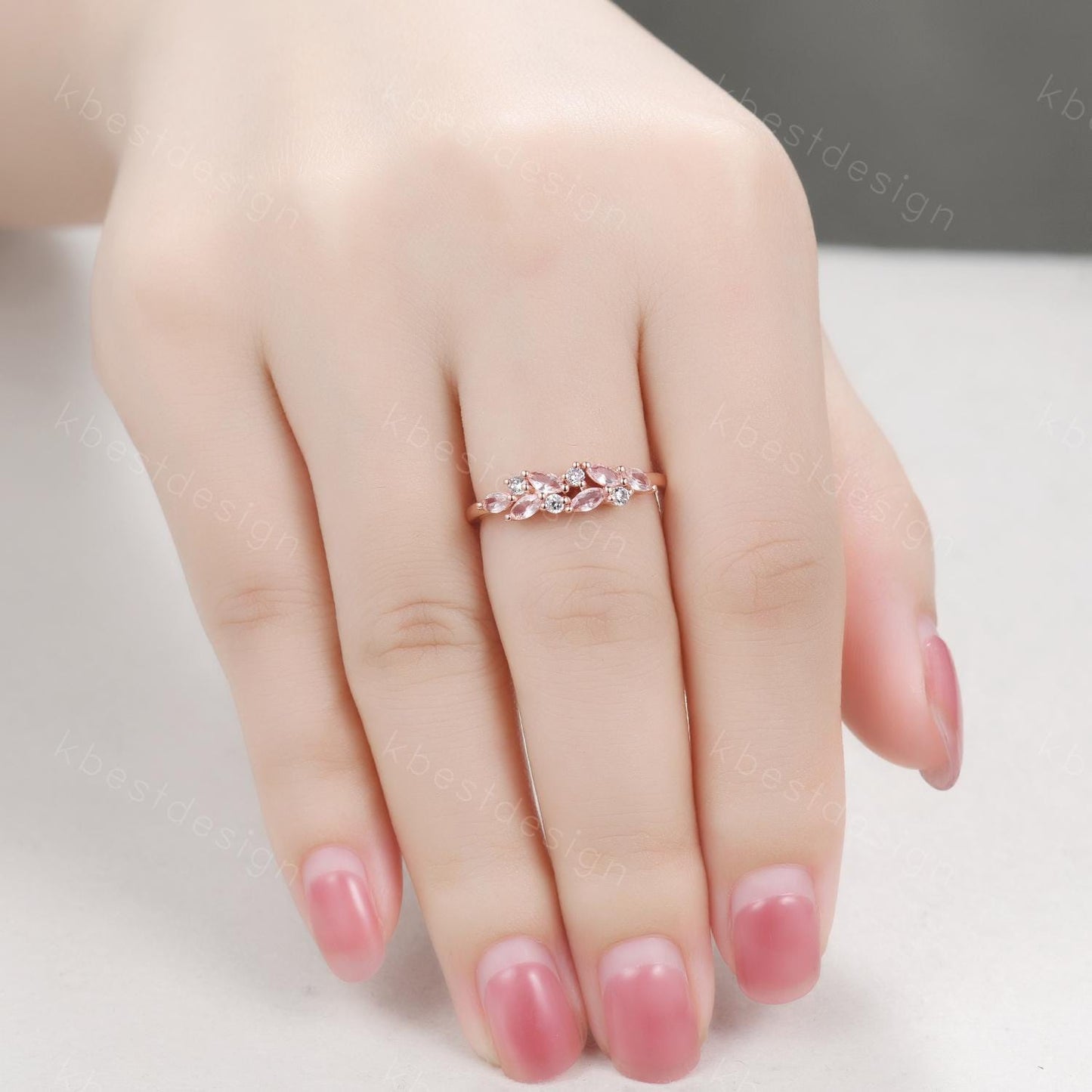 Pink Morganite cluster wedding band Unique marquise cut wedding band Vintage Moissanite ring Rose gold ring Anniversary gift for Her
