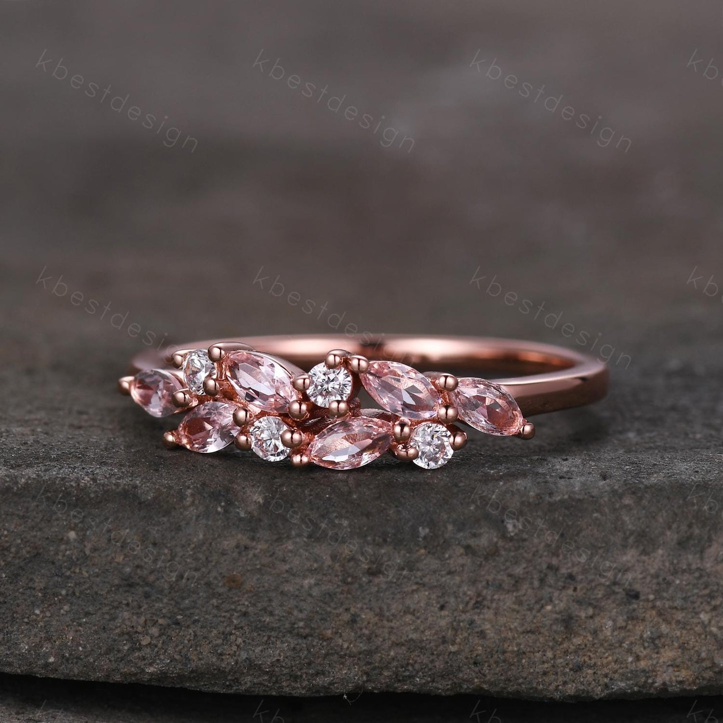 Pink Morganite cluster wedding band Unique marquise cut wedding band Vintage Moissanite ring Rose gold ring Anniversary gift for Her