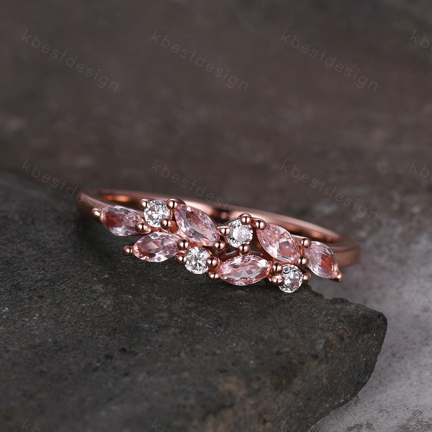 Pink Morganite cluster wedding band Unique marquise cut wedding band Vintage Moissanite ring Rose gold ring Anniversary gift for Her