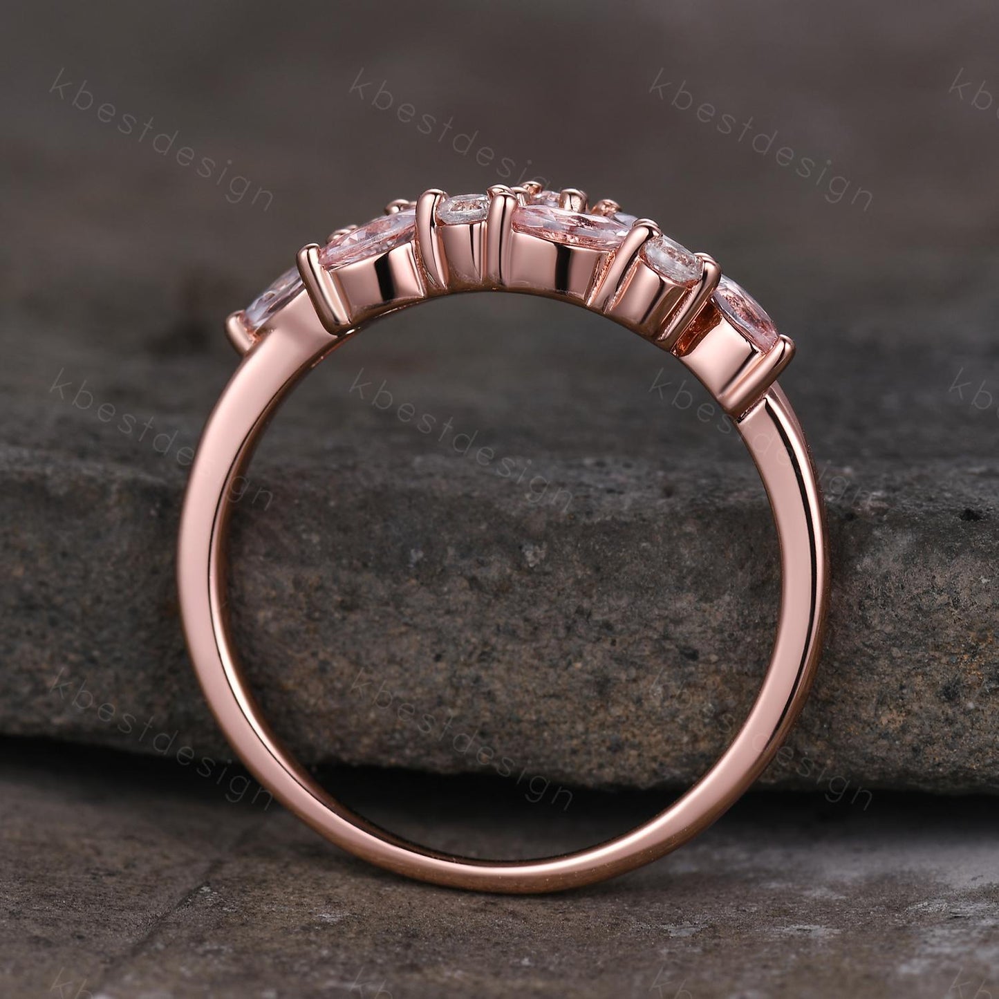 Pink Morganite cluster wedding band Unique marquise cut wedding band Vintage Moissanite ring Rose gold ring Anniversary gift for Her