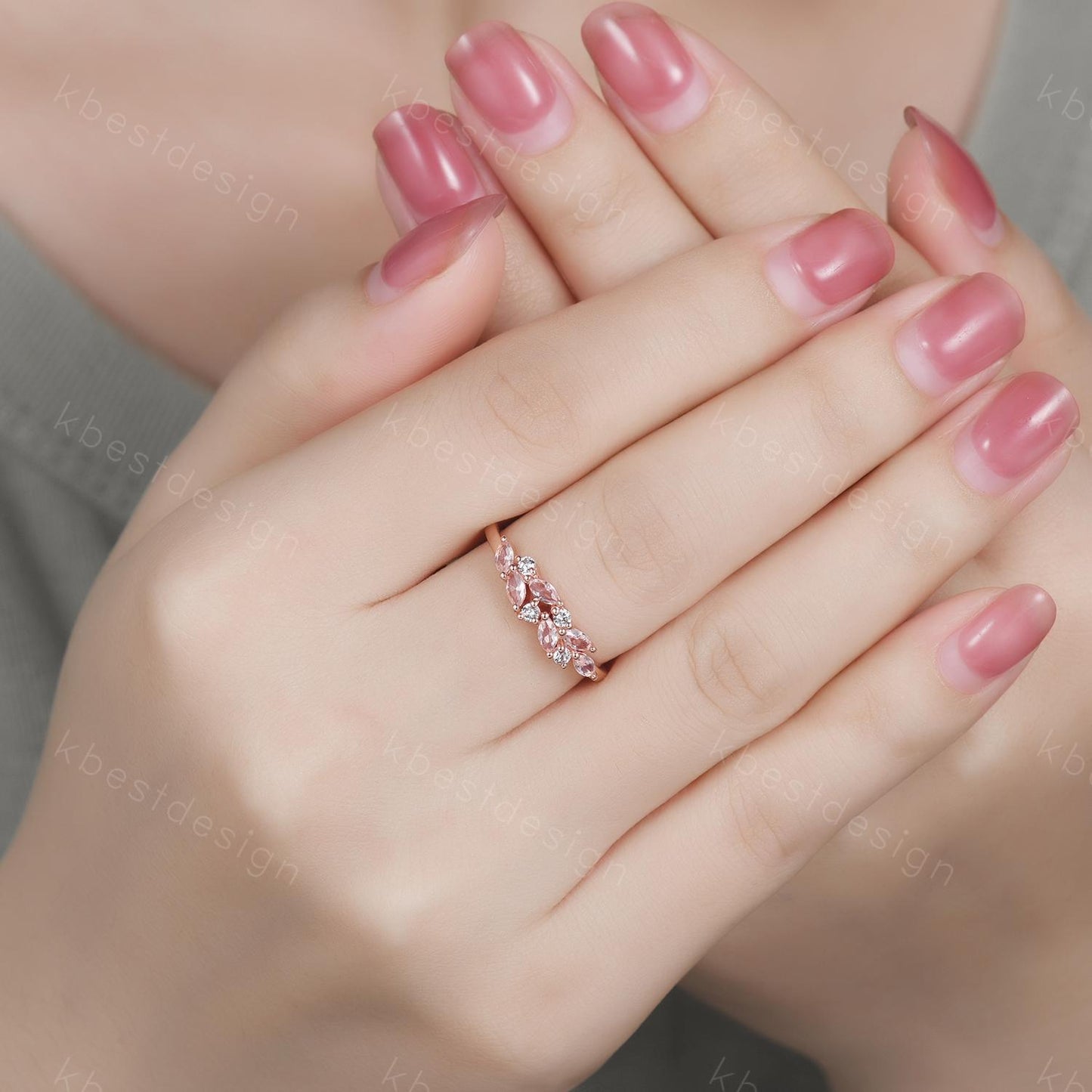 Pink Morganite cluster wedding band Unique marquise cut wedding band Vintage Moissanite ring Rose gold ring Anniversary gift for Her