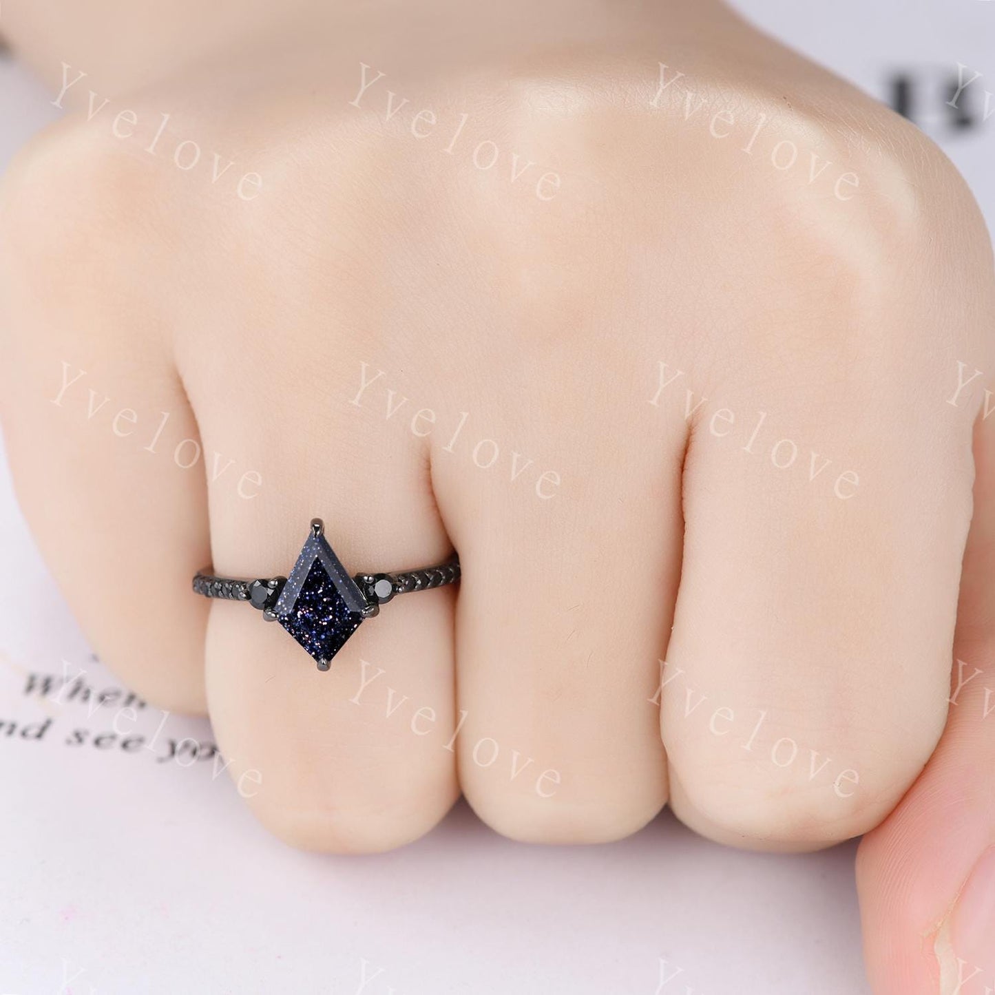 Retro Kite Blue Sandstone Engagement Ring,Vintage Black Silver Ring Set,Unique Black Spinel Diamond Promise Ring Anniversary Gift For Her