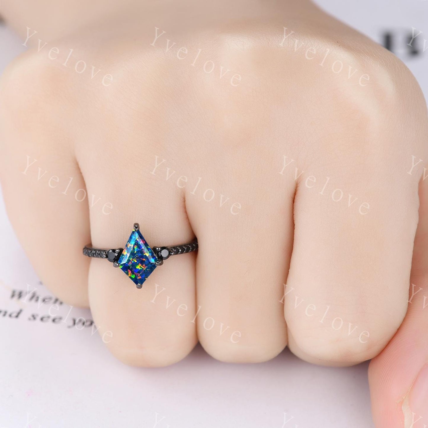 Retro Kite Black Opal Engagement Ring,Vintage Nature Inspired Black Silver Ring,Unique Black Spinel Diamond Promise Ring Anniversary Gift