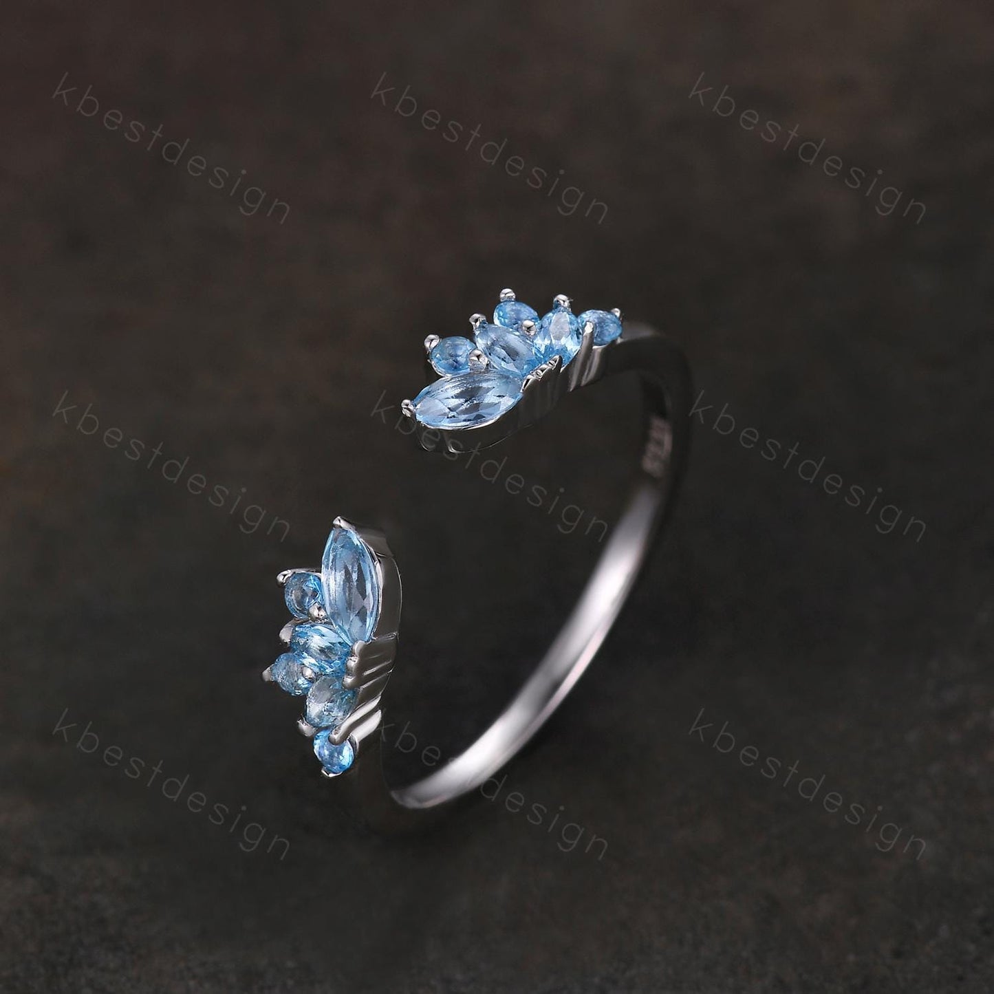 Delicate Blue Topaz Wedding Band Rose Gold Open gap ring vintage petal wedding ring Dainty Stacking matching curved wedding band bridal ring