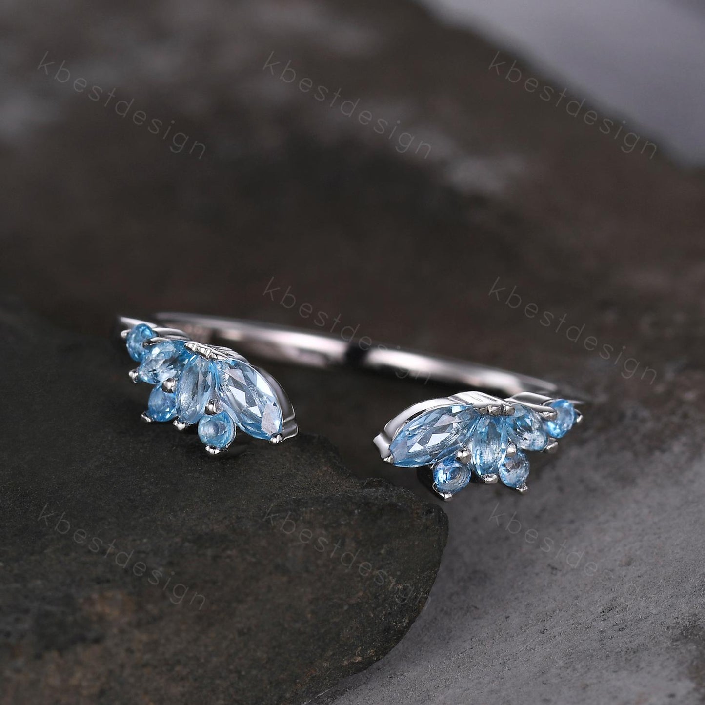 Delicate Blue Topaz Wedding Band Rose Gold Open gap ring vintage petal wedding ring Dainty Stacking matching curved wedding band bridal ring