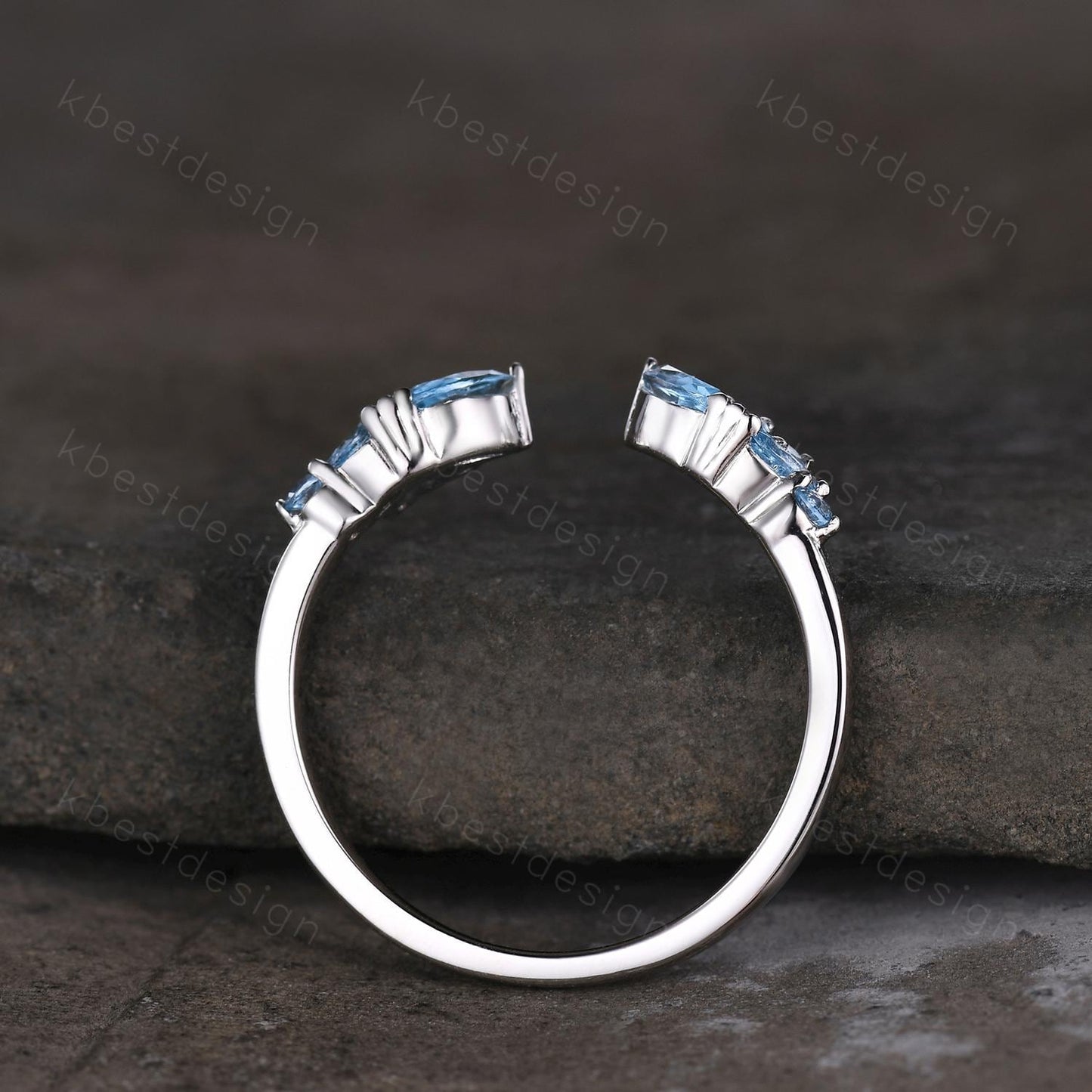 Delicate Blue Topaz Wedding Band Rose Gold Open gap ring vintage petal wedding ring Dainty Stacking matching curved wedding band bridal ring