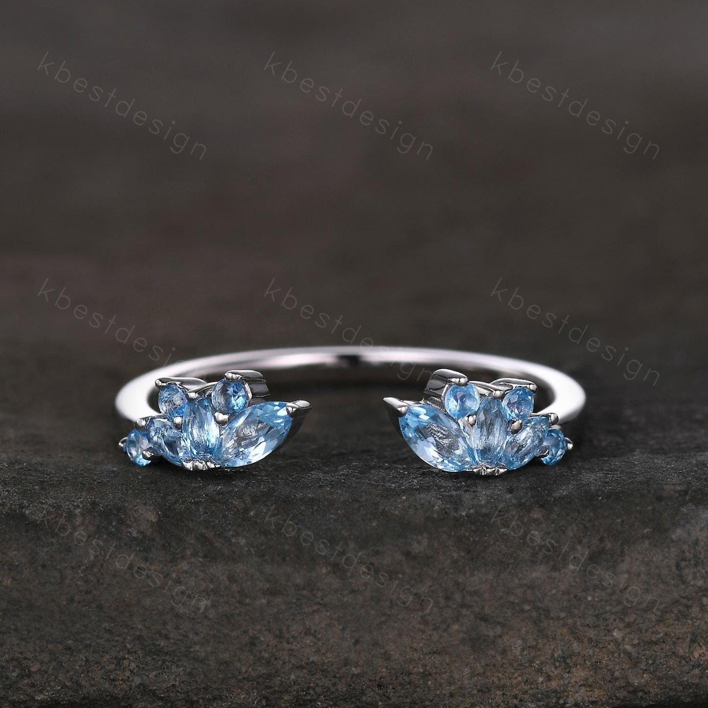 Delicate Blue Topaz Wedding Band Rose Gold Open gap ring vintage petal wedding ring Dainty Stacking matching curved wedding band bridal ring