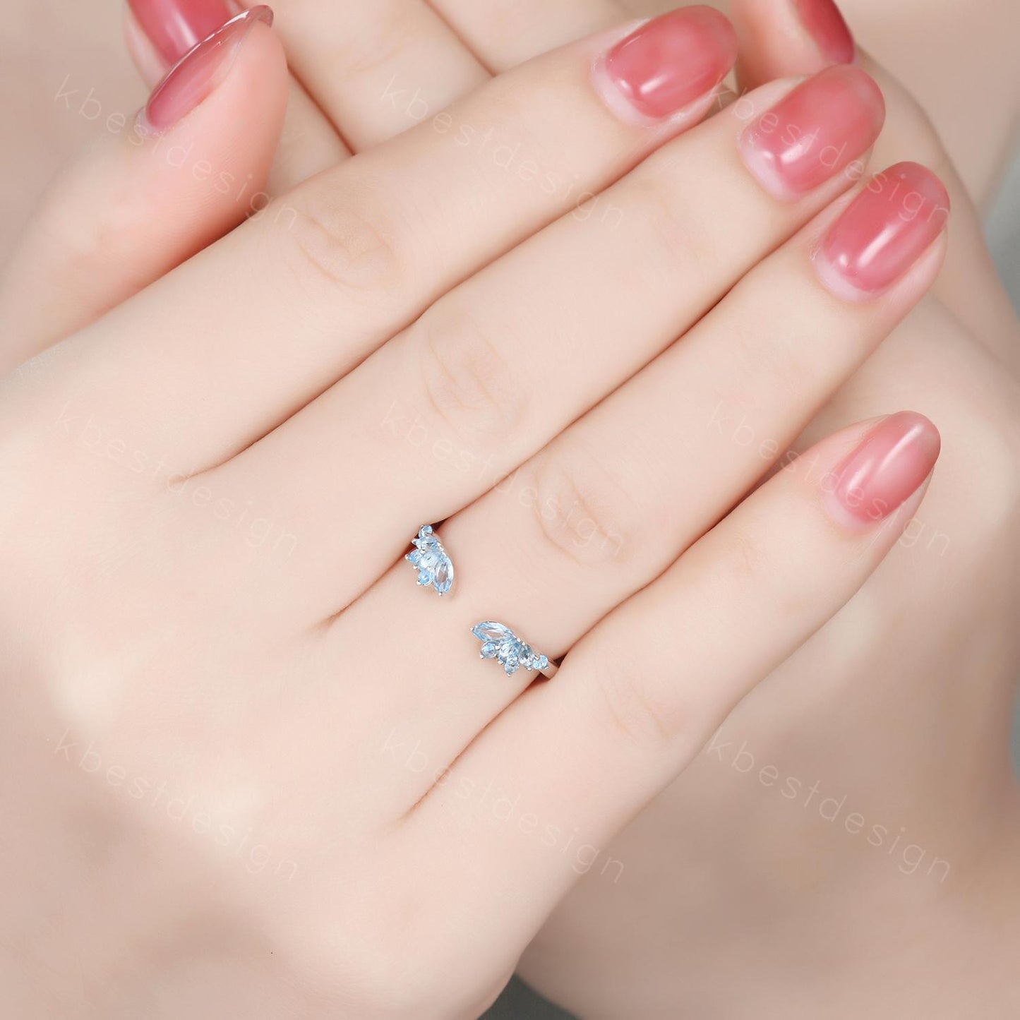 Delicate Blue Topaz Wedding Band Rose Gold Open gap ring vintage petal wedding ring Dainty Stacking matching curved wedding band bridal ring