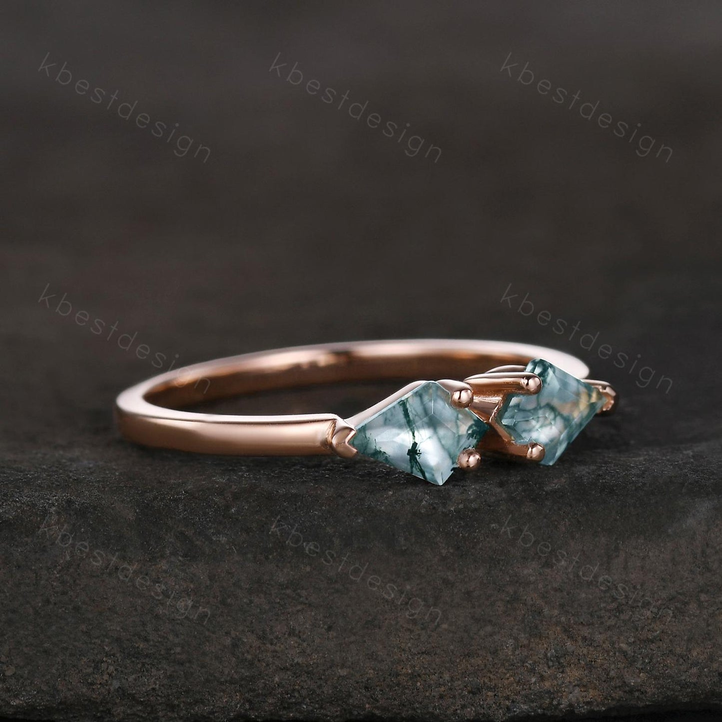 Kite cut green moss agate wedding ring unique rose gold moss agate ring two stones stacking band bridal wedding ring Anniversary gift