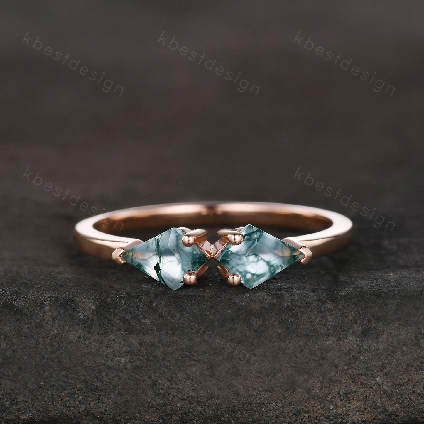 Kite cut green moss agate wedding ring unique rose gold moss agate ring two stones stacking band bridal wedding ring Anniversary gift