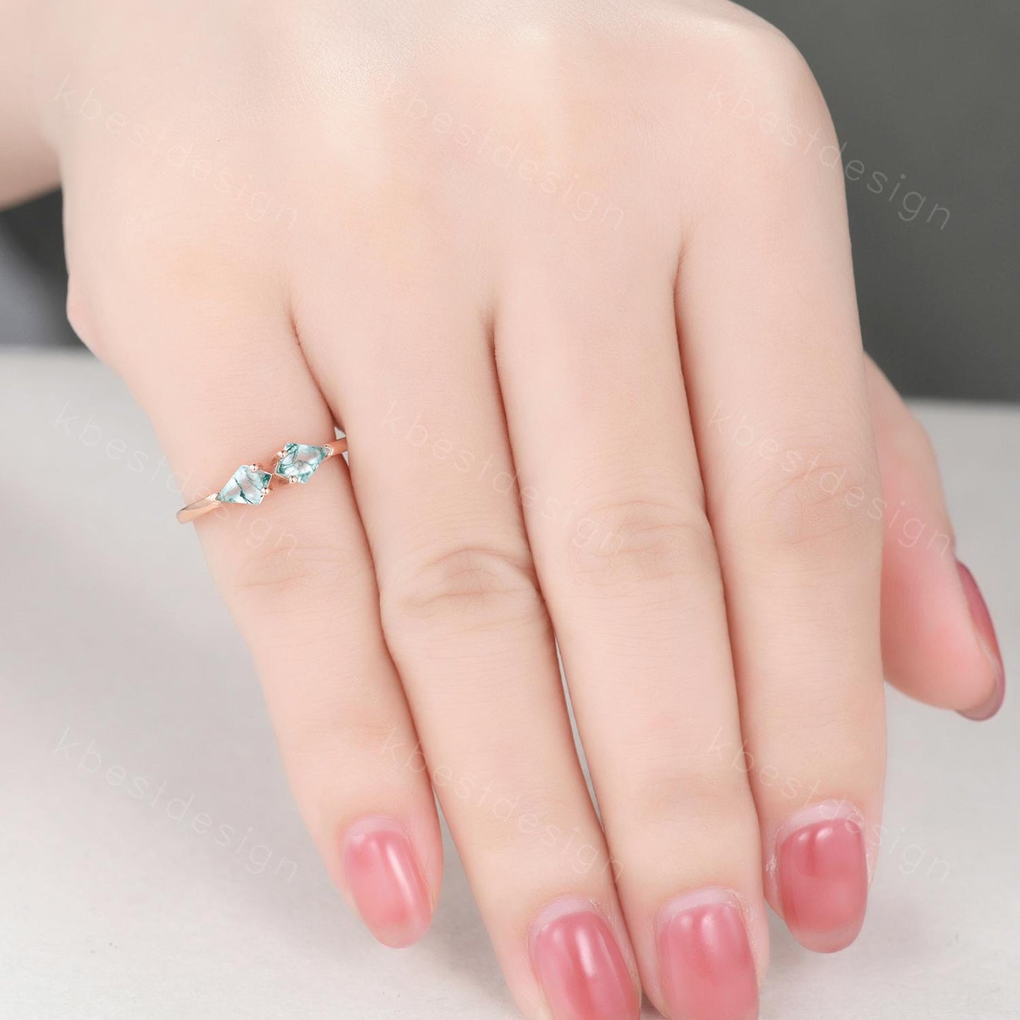 Kite cut green moss agate wedding ring unique rose gold moss agate ring two stones stacking band bridal wedding ring Anniversary gift