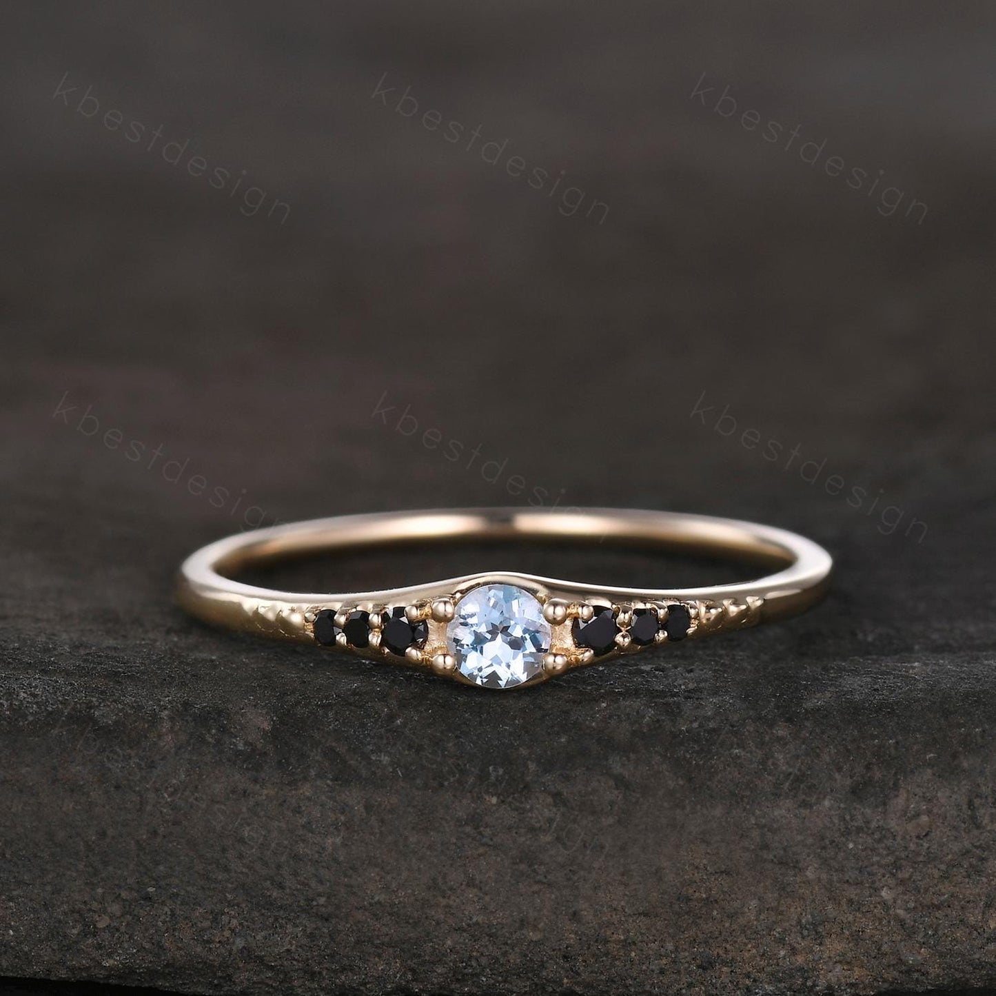 Natural aquamarine wedding ring 14k gold aquamarine and black spinel stacking band dainty gemstone matching band anniversary gift for her