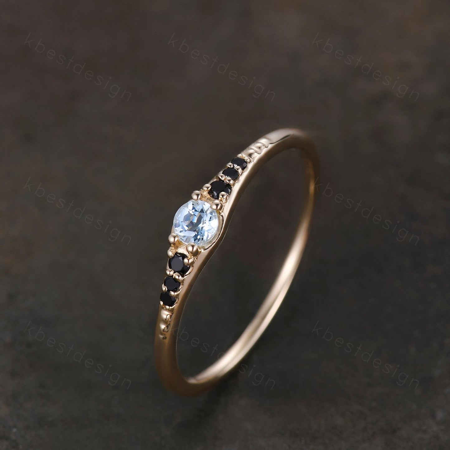 Natural aquamarine wedding ring 14k gold aquamarine and black spinel stacking band dainty gemstone matching band anniversary gift for her