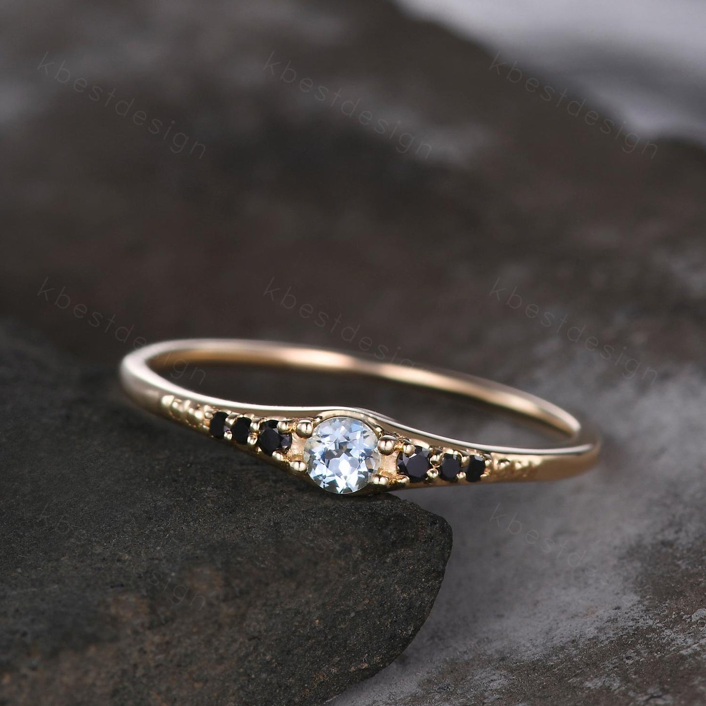 Natural aquamarine wedding ring 14k gold aquamarine and black spinel stacking band dainty gemstone matching band anniversary gift for her