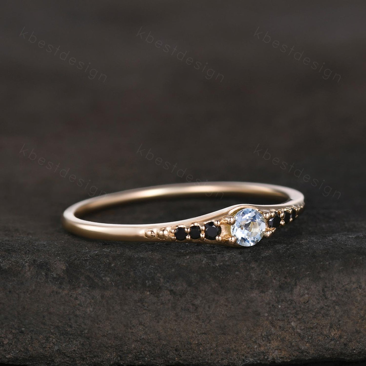 Natural aquamarine wedding ring 14k gold aquamarine and black spinel stacking band dainty gemstone matching band anniversary gift for her