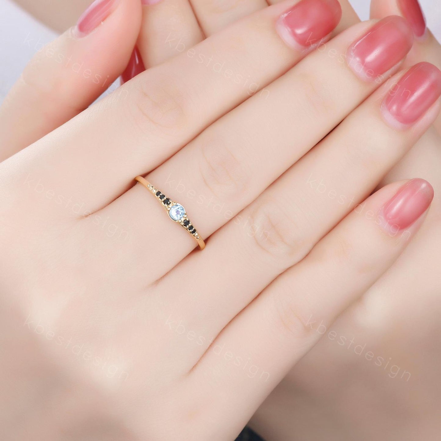 Natural aquamarine wedding ring 14k gold aquamarine and black spinel stacking band dainty gemstone matching band anniversary gift for her