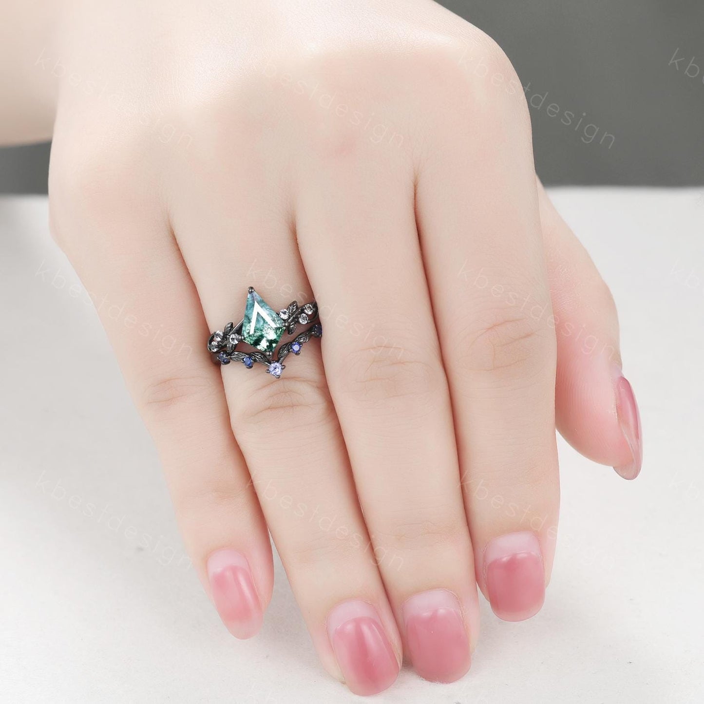 Vintage kite moss agate engagement ring set black gold twig leaf stacking ring nature branch ring unique art deco bridal wedding ring set