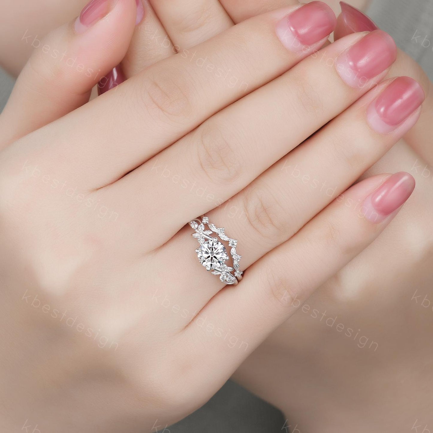 Round cut moissanite engagement ring 14K White gold ring Art deco leaf design wedding ring nature inspired ring bridal promise ring set
