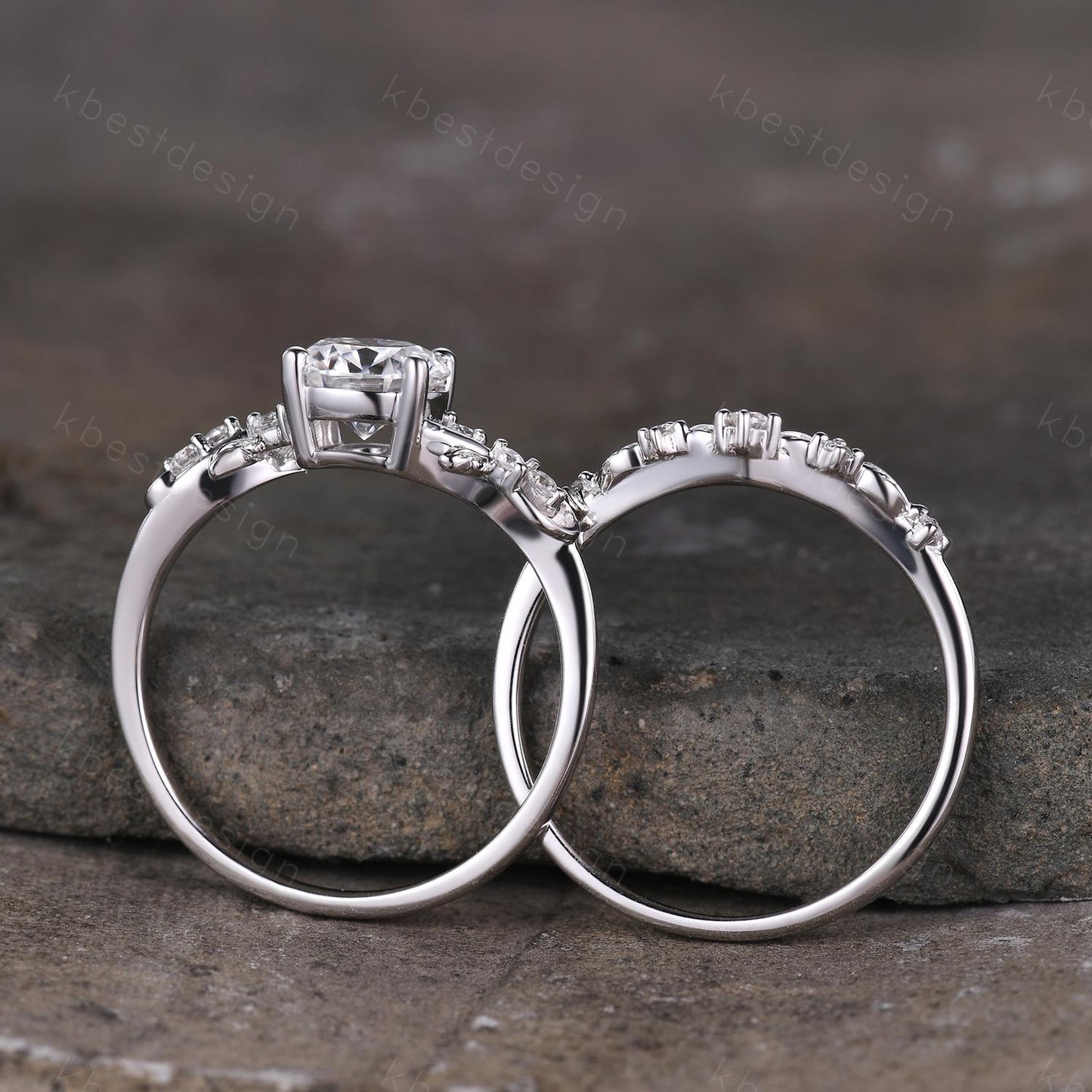 Round cut moissanite engagement ring 14K White gold ring Art deco leaf design wedding ring nature inspired ring bridal promise ring set