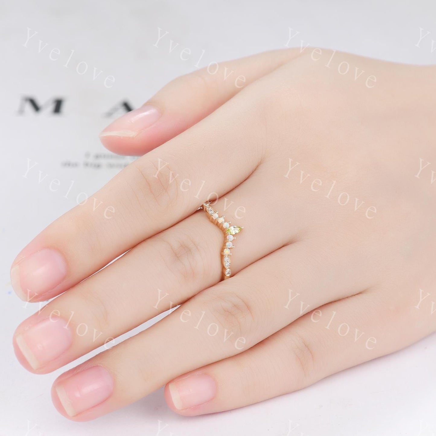 V Curved Wedding Band Vintage Gold Women Marquise Cut Peridot Opal Ring Unique Diamond Jewelry Stacking Matching Anniversary Gifts For Her