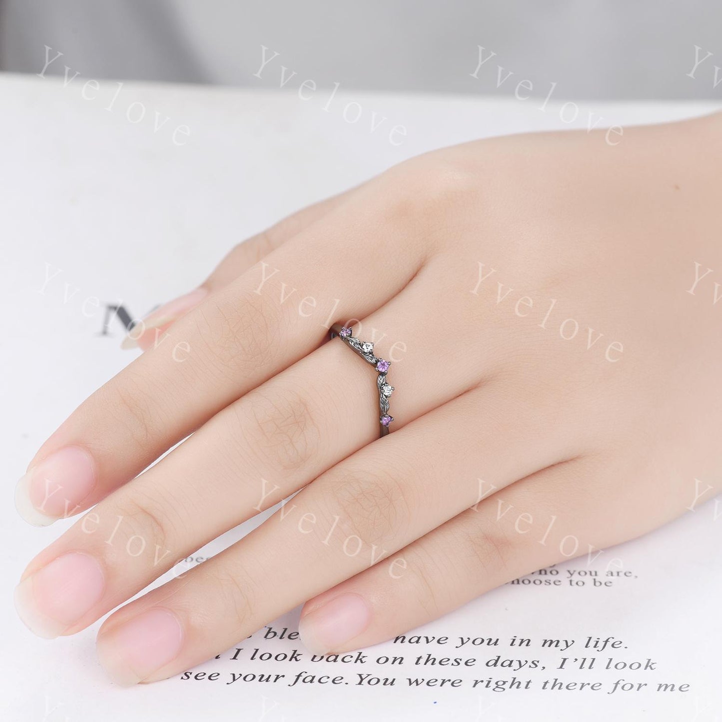 Unique Moissanite Amethyst Wedding Ring Stacking Matching Band Silver Black Gold Marquise Ring Promise Jewelry Anniversary Gift For Women