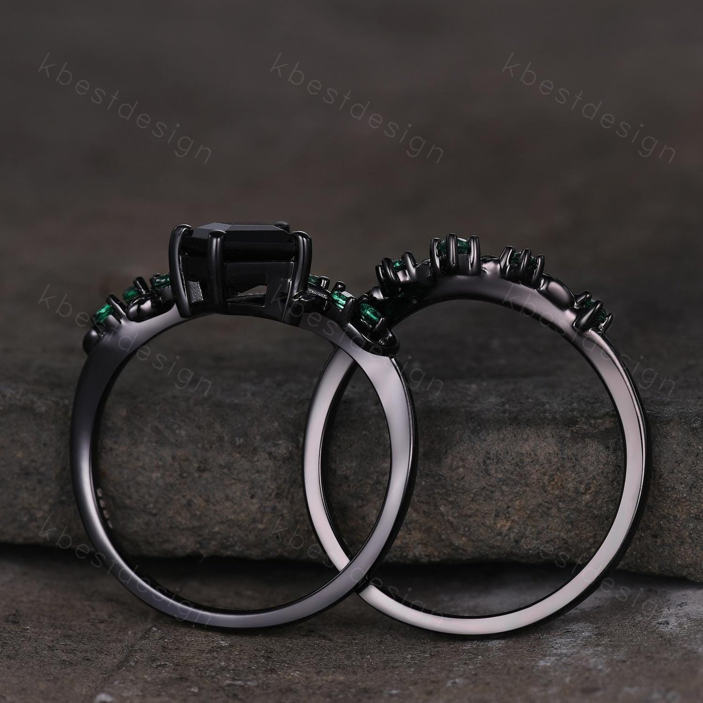 Gothic Kite Cut Black Onyx Engagement Ring Art Deco Branch Design Leaf Emerald Wedding Ring Black Gold Ring Unique Bridal Ring Set