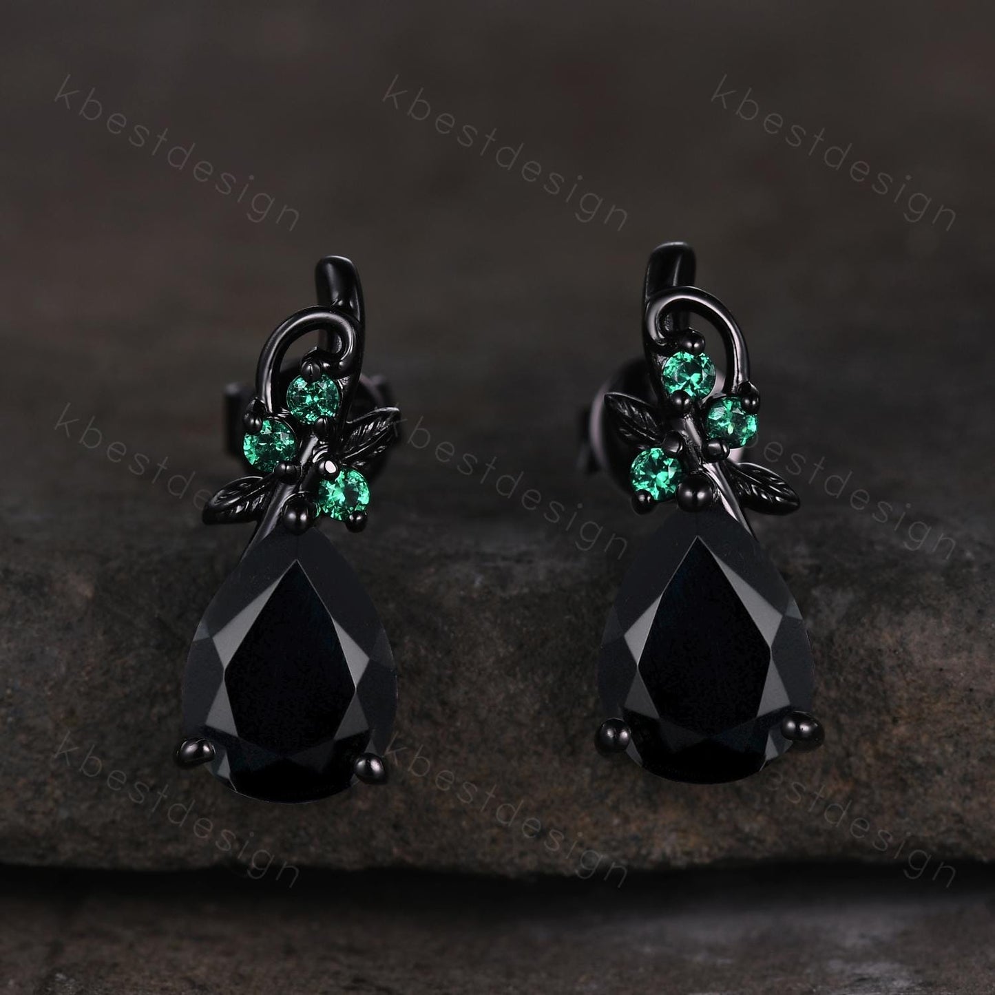 Nature inspired black onyx earrings women black gold earring studs teardrop earrings art deco black onyx studs anniversary gift for her