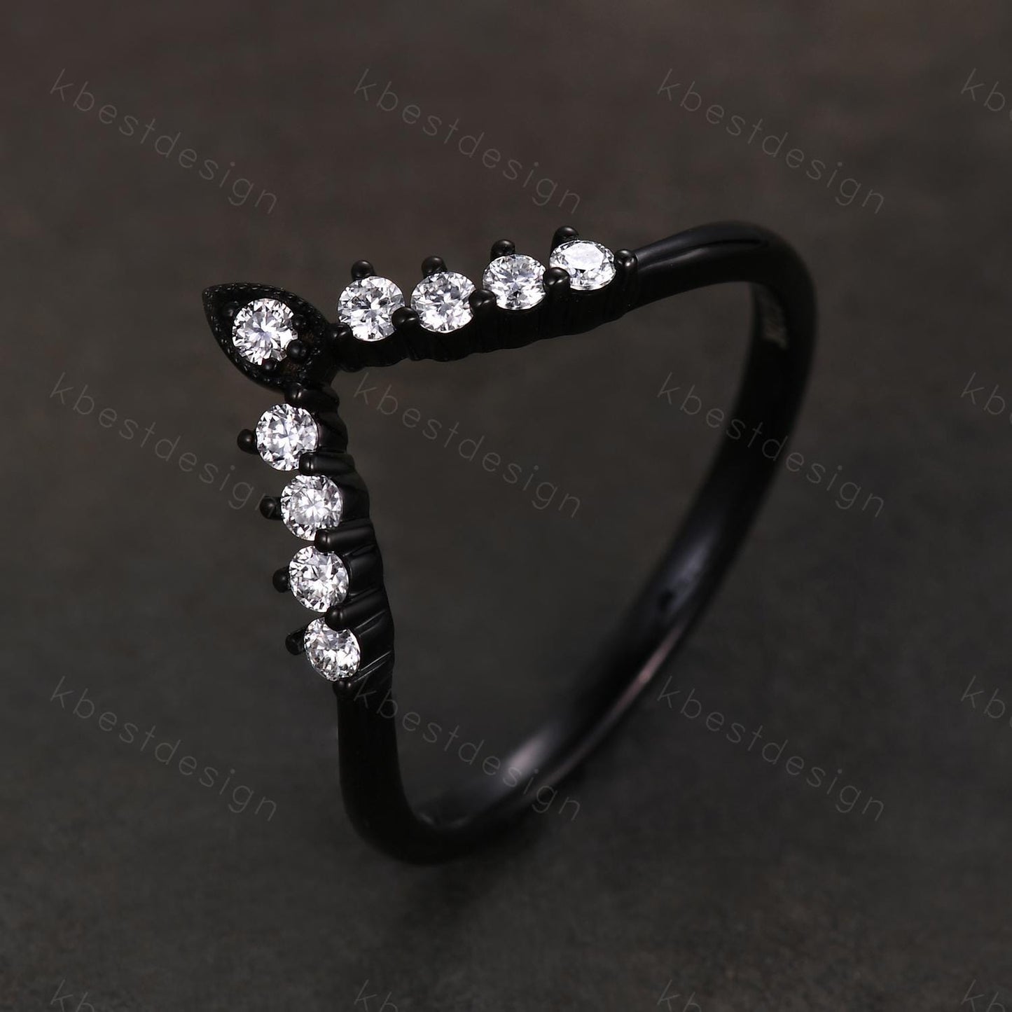 Curved moissanite wedding band Unique black gold stacking wedding band V curved matching band Anniversary gift for her
