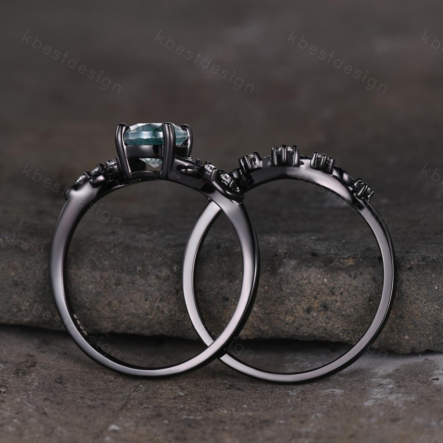 Vintage round moss agate engagement ring set black gold twig leaf moissanite ring nature branch ring unique art deco bridal wedding ring set