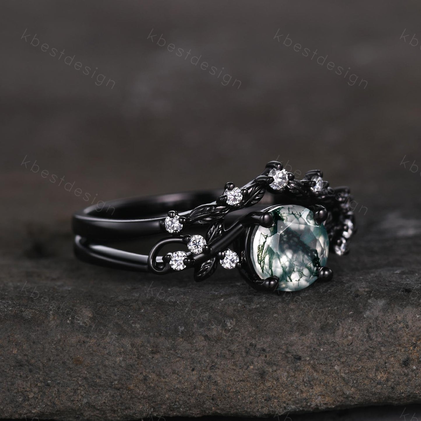 Vintage round moss agate engagement ring set black gold twig leaf moissanite ring nature branch ring unique art deco bridal wedding ring set