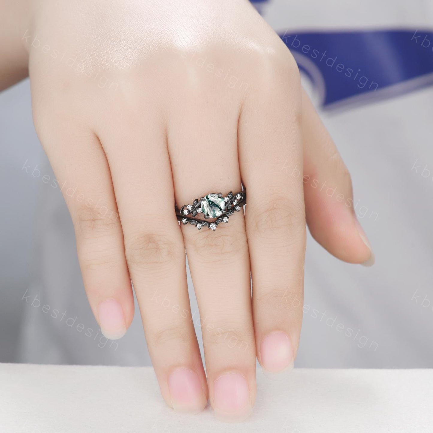 Vintage round moss agate engagement ring set black gold twig leaf moissanite ring nature branch ring unique art deco bridal wedding ring set