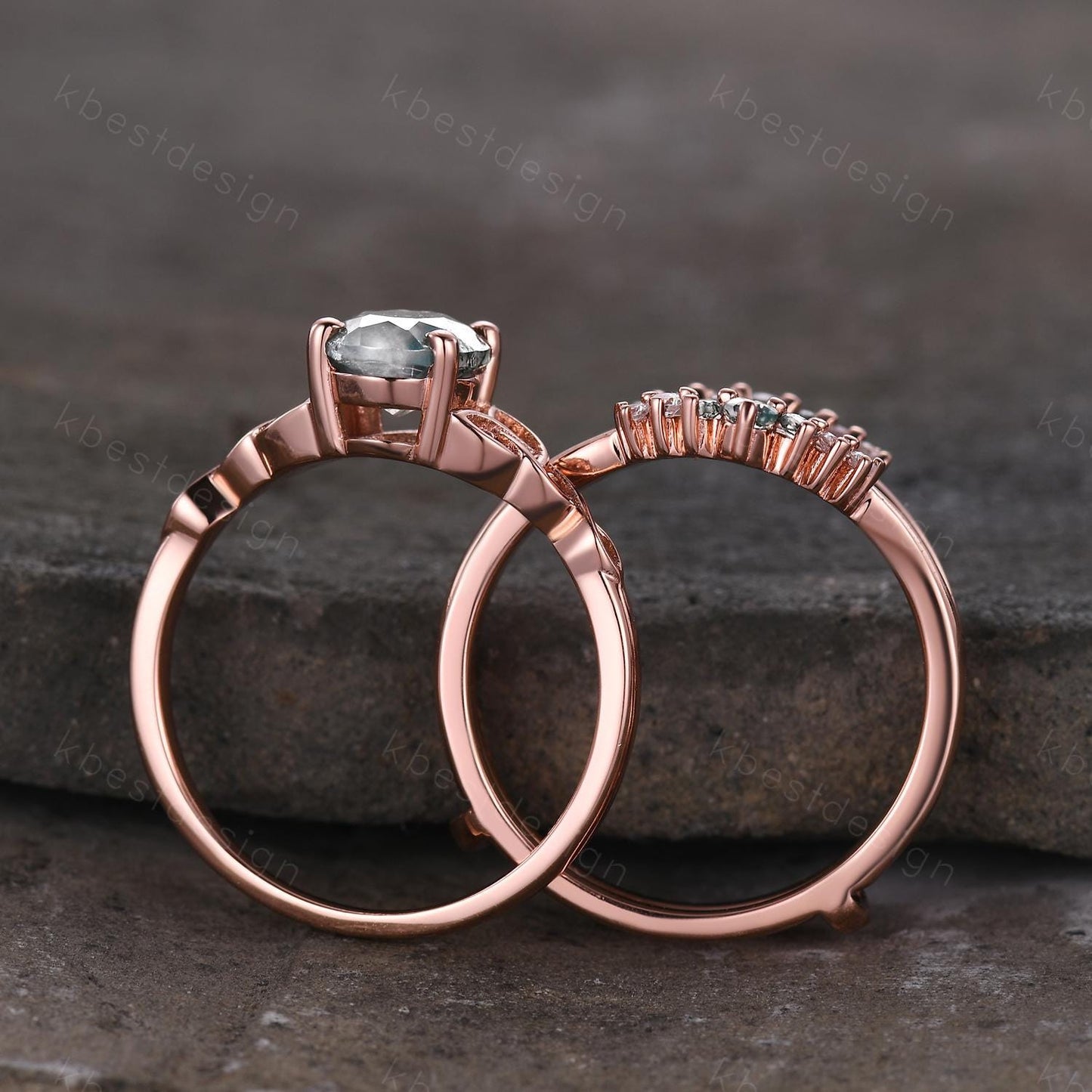 Vintage moss agate engagement ring set rose gold double curved stacking wedding band unique celtic knot green agate ring oval cut bridal set