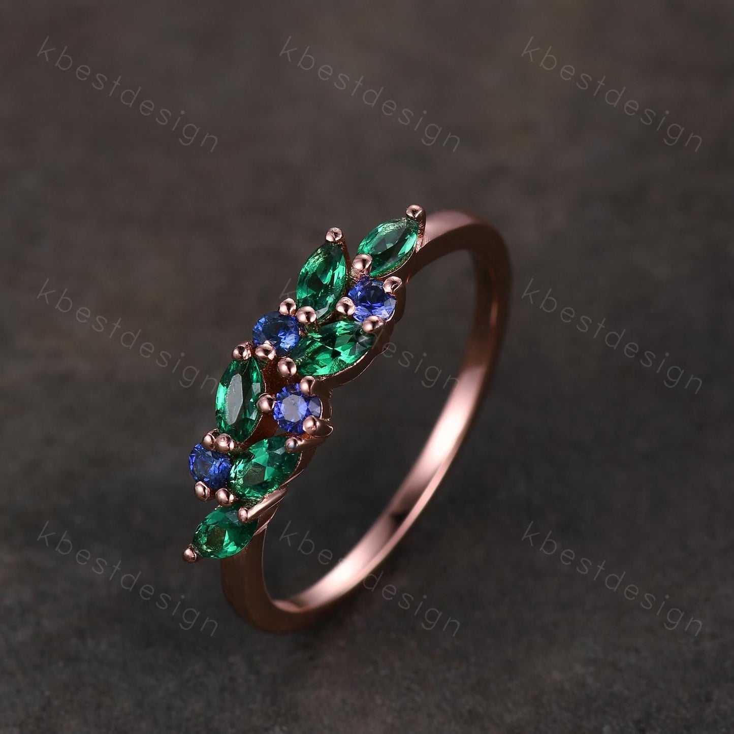 Emerald sapphire cluster wedding band Unique marquise cut emerald wedding band Vintage Moissanite ring Rose gold ring Anniversary gift